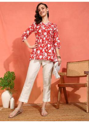Yash gallery women's cotton floral printed 3/4th sleeve v-neck mid thigh length lace work peplum style short kurti 4