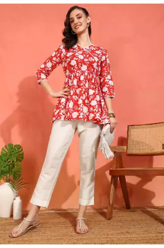 Yash gallery women's cotton floral printed 3/4th sleeve v-neck mid thigh length lace work peplum style short kurti