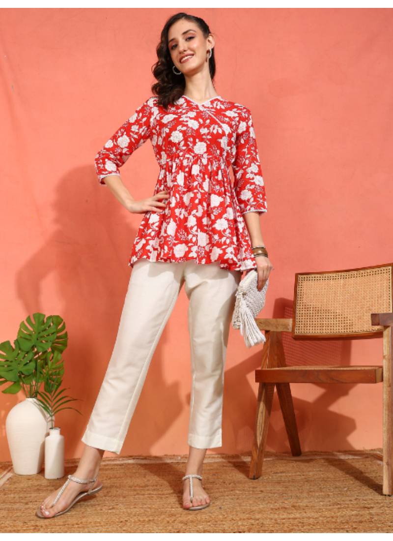 Yash gallery women's cotton floral printed 3/4th sleeve v-neck mid thigh length lace work peplum style short kurti