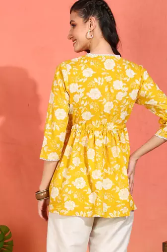 Yash gallery women's cotton floral printed 3/4th sleeve v-neck mid thigh length lace work peplum style short kurti