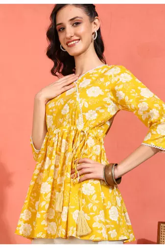 Yash gallery women's cotton floral printed 3/4th sleeve v-neck mid thigh length lace work peplum style short kurti
