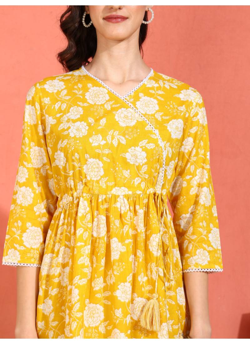 Yash gallery women's cotton floral printed 3/4th sleeve v-neck mid thigh length lace work peplum style short kurti