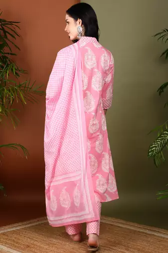Yash gallery women's cotton buta print a-line kurta paired with elastic bottom and duptta (pink)