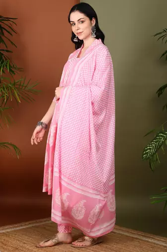 Yash gallery women's cotton buta print a-line kurta paired with elastic bottom and duptta (pink)