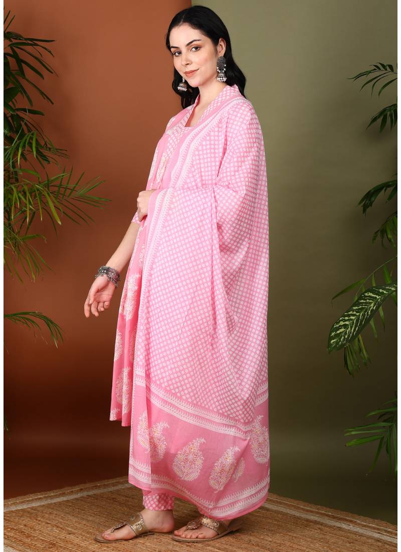 Yash gallery women's cotton buta print a-line kurta paired with elastic bottom and duptta (pink)
