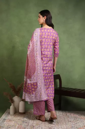 Yash gallery women's cotton floral printed gotta patti straight kurta with printed pant & dupatta
