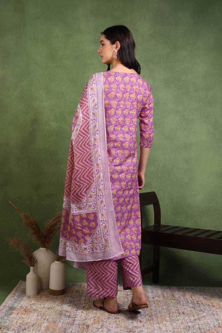 Yash gallery women's cotton floral printed gotta patti straight kurta with printed pant & dupatta