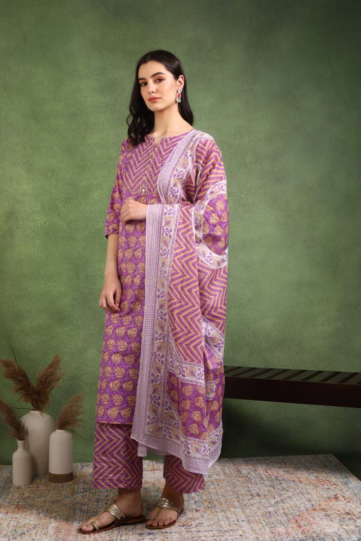Yash gallery women's cotton floral printed gotta patti straight kurta with printed pant & dupatta
