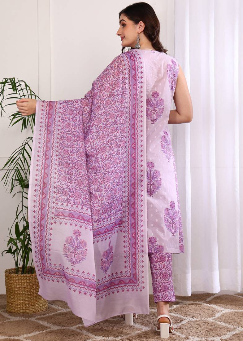 Yash gallery women's cotton floral print a-line kurta with pant and duptta (lavender)