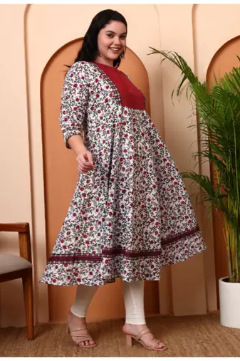 Yash gallery women's cotton floral print with kantha yoke anarkali kurta and duptta (white)