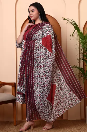 Yash gallery women's cotton floral print with kantha yoke anarkali kurta and duptta (white)