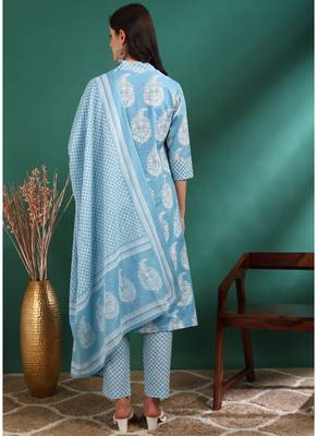 Yash gallery women's cotton buta print a-line kurta paired with elastic bottom and duptta (blue) 2
