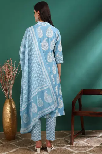 Yash gallery women's cotton buta print a-line kurta paired with elastic bottom and duptta (blue)