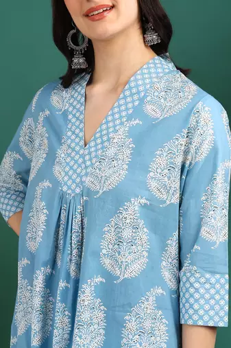 Yash gallery women's cotton buta print a-line kurta paired with elastic bottom and duptta (blue)