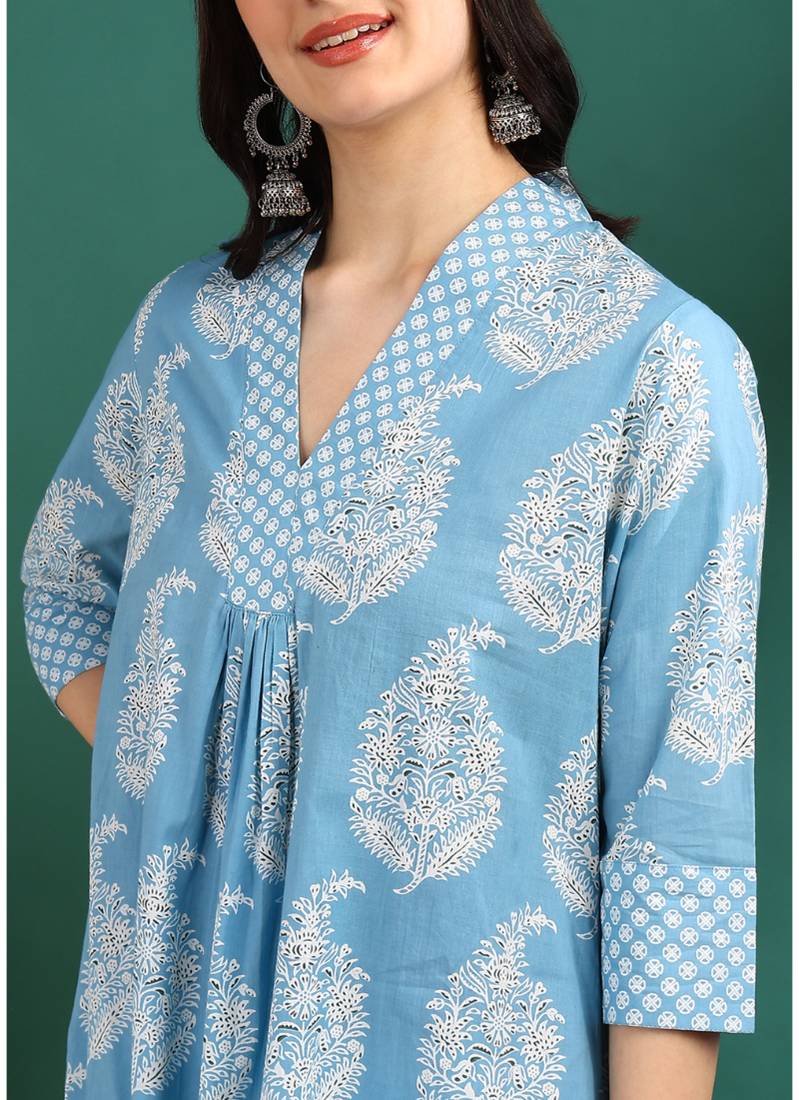 Yash gallery women's cotton buta print a-line kurta paired with elastic bottom and duptta (blue)