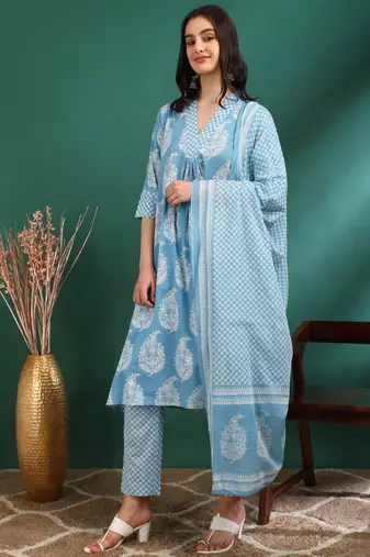 Yash gallery women's cotton buta print a-line kurta paired with elastic bottom and duptta (blue)