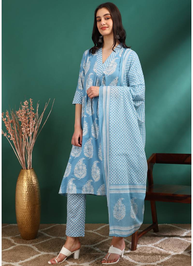 Yash gallery women's cotton buta print a-line kurta paired with elastic bottom and duptta (blue)