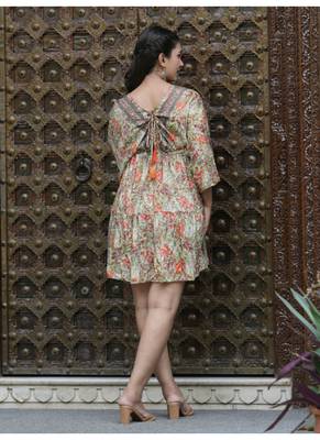 Yash gallery women's polyester floral printed v-neck 3/4th sleeve tiered style casual dress (green) 2