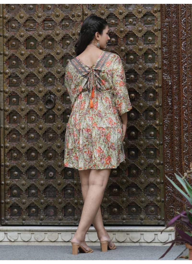 Yash gallery women's polyester floral printed v-neck 3/4th sleeve tiered style casual dress (green)