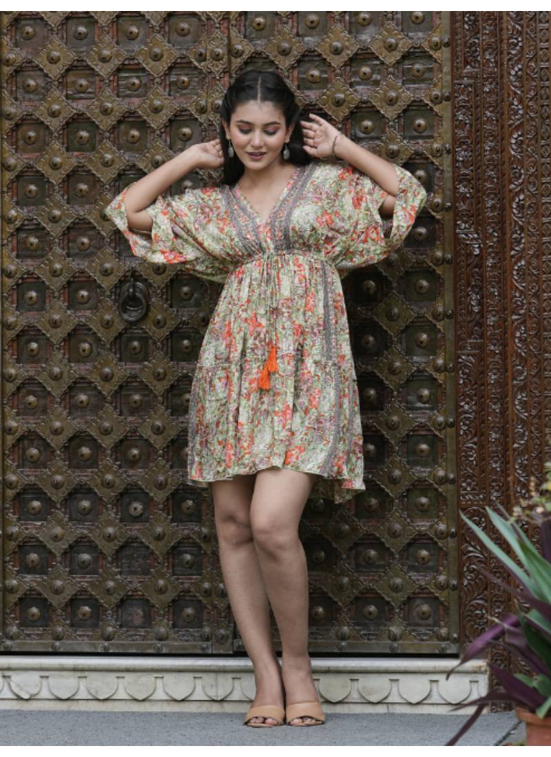 Yash gallery women's polyester floral printed v-neck 3/4th sleeve tiered style casual dress (green)