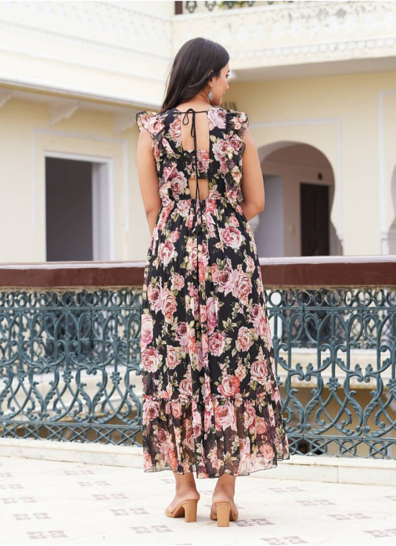 Yash gallery women's chiffon floral printed maxi length square neck sleeveless summer dress (black)
