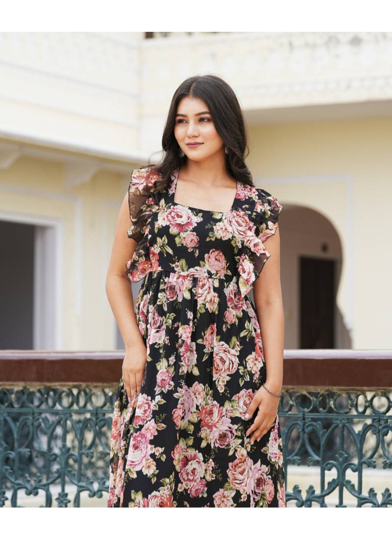 Yash gallery women's chiffon floral printed maxi length square neck sleeveless summer dress (black)