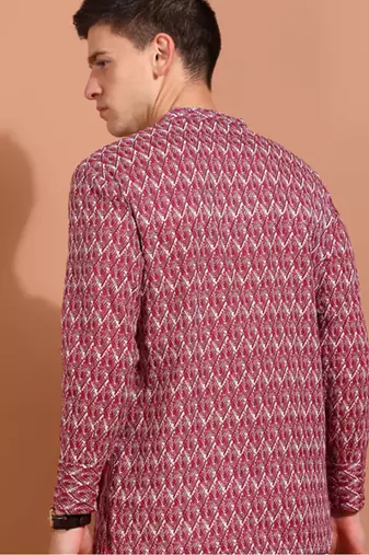 cotton geometrical printed nehru collar full sleeves short kurta (maroon)