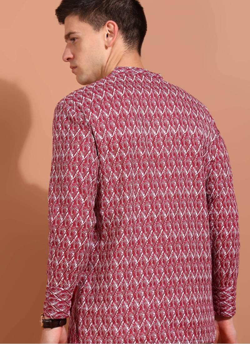 cotton geometrical printed nehru collar full sleeves short kurta (maroon)
