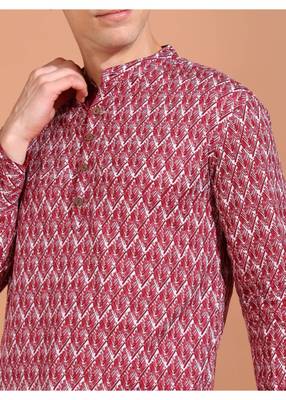 cotton geometrical printed nehru collar full sleeves short kurta (maroon) 4