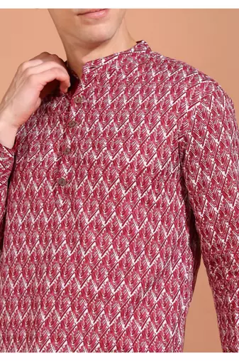 cotton geometrical printed nehru collar full sleeves short kurta (maroon)