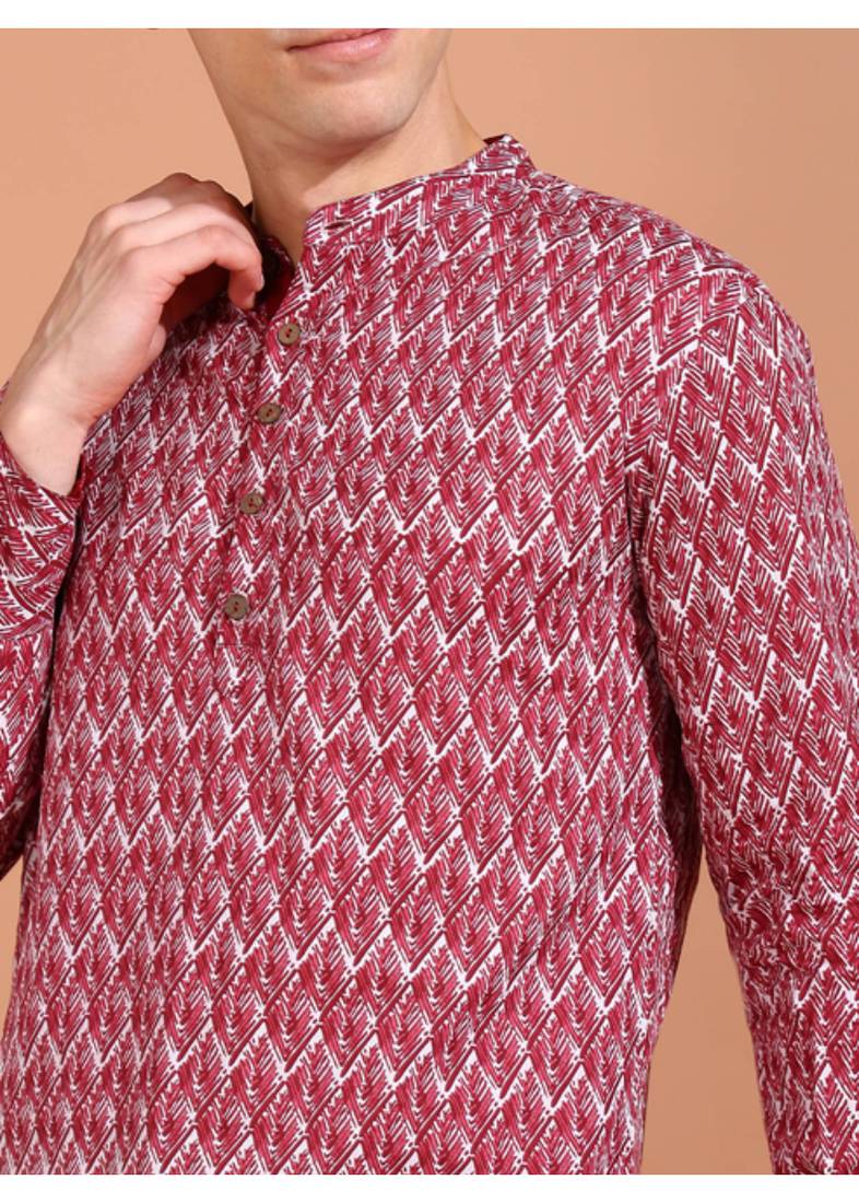 cotton geometrical printed nehru collar full sleeves short kurta (maroon)