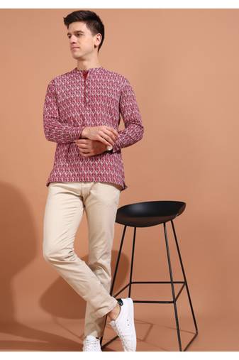 cotton geometrical printed nehru collar full sleeves short kurta (maroon)