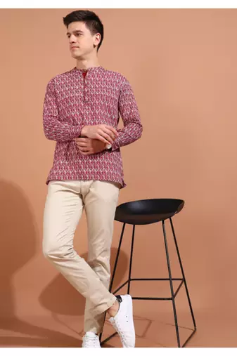 cotton geometrical printed nehru collar full sleeves short kurta (maroon)