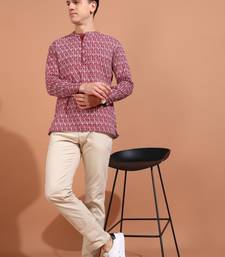 cotton geometrical printed nehru collar full sleeves short kurta (maroon)