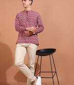 cotton geometrical printed nehru collar full sleeves short kurta (maroon)