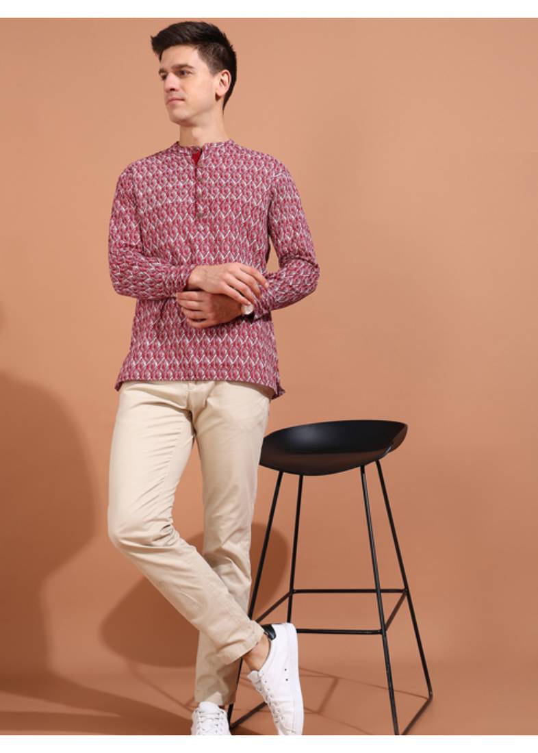 cotton geometrical printed nehru collar full sleeves short kurta (maroon)
