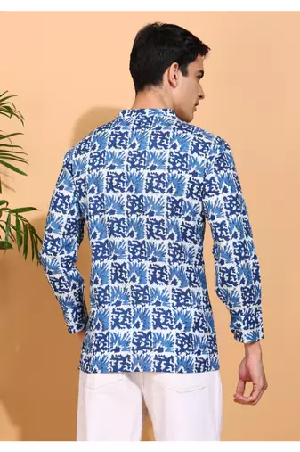  men's cotton handblock print  nehru collar with  solid fashion patti short kurta (blue )