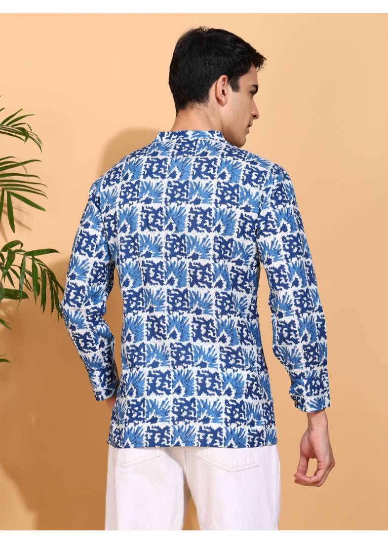  men's cotton handblock print  nehru collar with  solid fashion patti short kurta (blue )