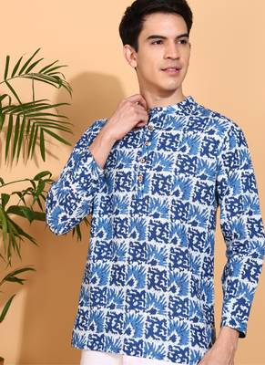  men's cotton handblock print  nehru collar with  solid fashion patti short kurta (blue ) 3