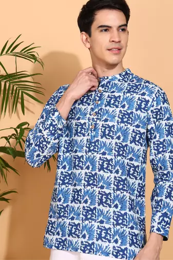  men's cotton handblock print  nehru collar with  solid fashion patti short kurta (blue )