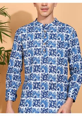  men's cotton handblock print  nehru collar with  solid fashion patti short kurta (blue ) 4