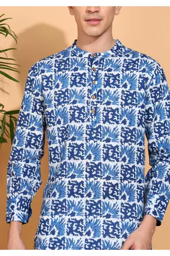  men's cotton handblock print  nehru collar with  solid fashion patti short kurta (blue )