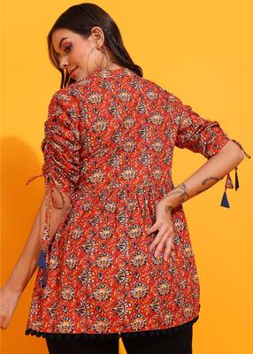  women's cotton floral print waist length drawstring sleeve mandarin collar short kurti (orange) 2