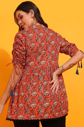  women's cotton floral print waist length drawstring sleeve mandarin collar short kurti (orange)