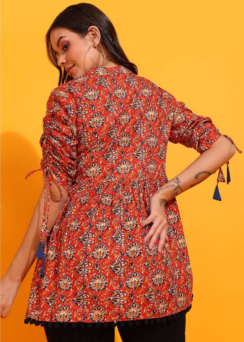  women's cotton floral print waist length drawstring sleeve mandarin collar short kurti (orange)