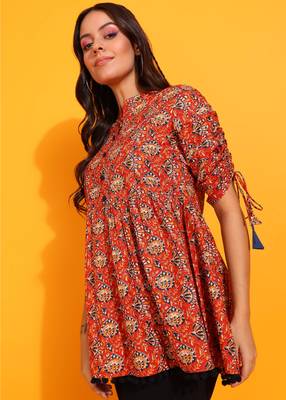  women's cotton floral print waist length drawstring sleeve mandarin collar short kurti (orange) 3