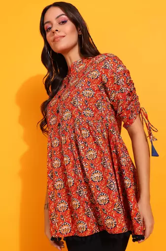  women's cotton floral print waist length drawstring sleeve mandarin collar short kurti (orange)