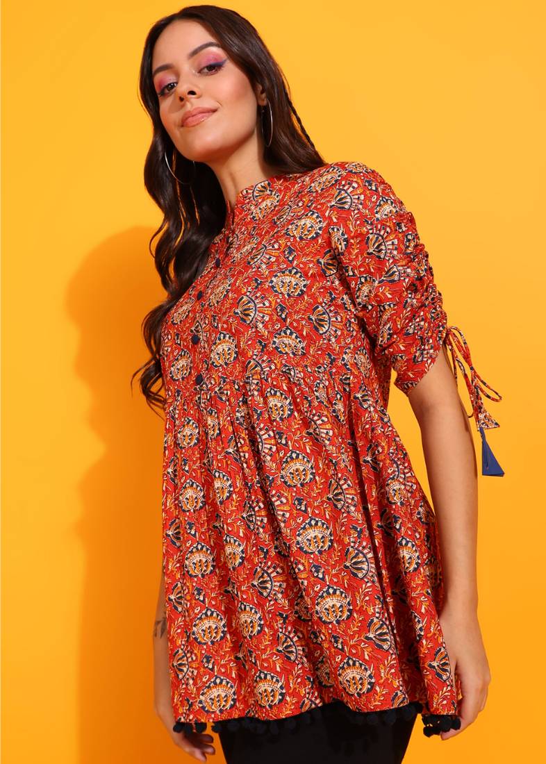  women's cotton floral print waist length drawstring sleeve mandarin collar short kurti (orange)