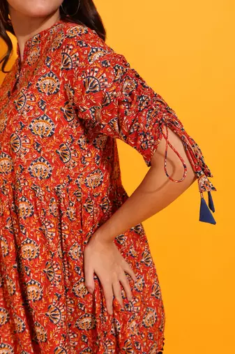  women's cotton floral print waist length drawstring sleeve mandarin collar short kurti (orange)
