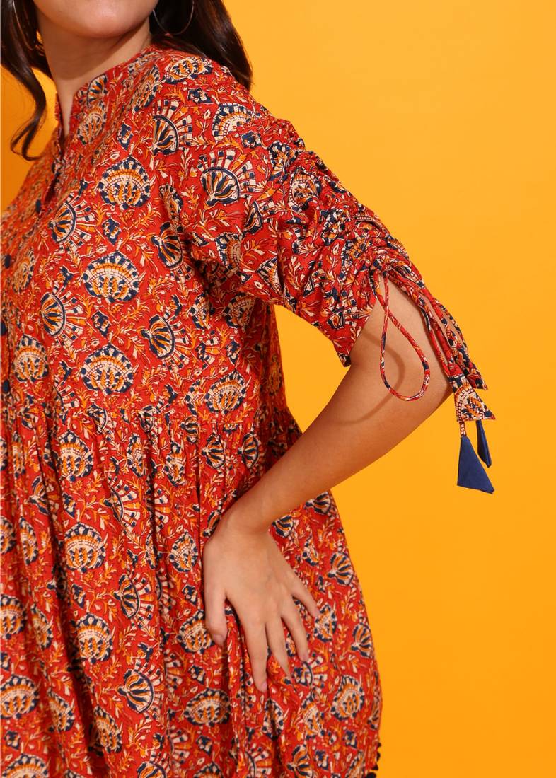  women's cotton floral print waist length drawstring sleeve mandarin collar short kurti (orange)
